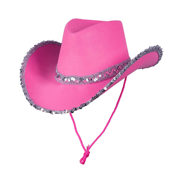 Hot pink cowboy hat decorated with silver sequins and neck cord on a white background