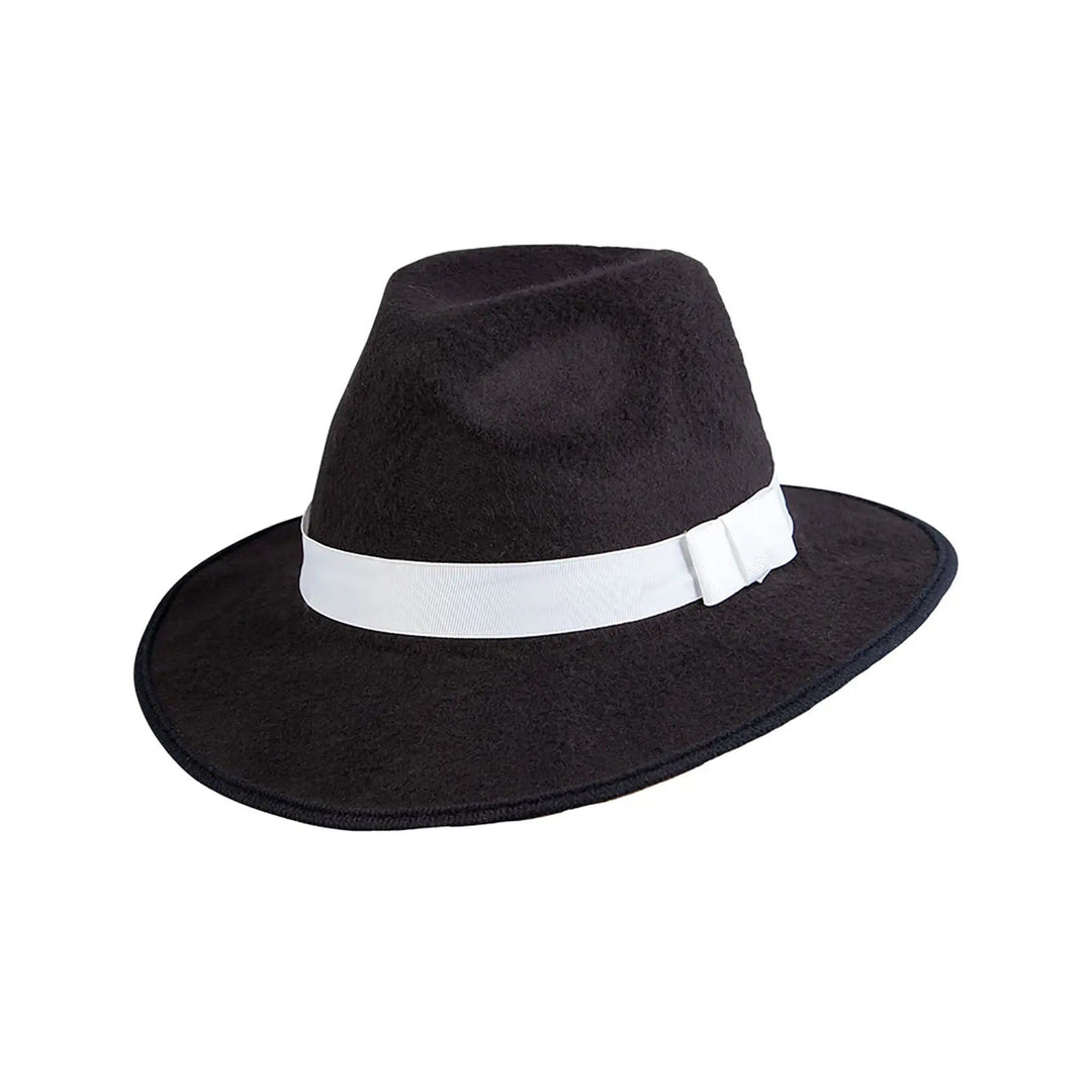 Black felt fedora hat with white hatband for gangster themed fancy dress costumes