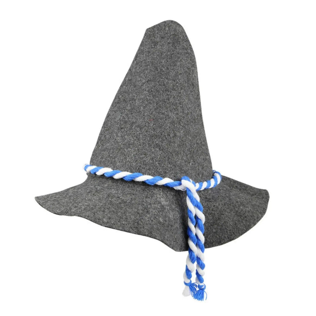 Grey felt pointy hat with bnlue and white cord hatband for beer festival oktoberfest fancy dress parties