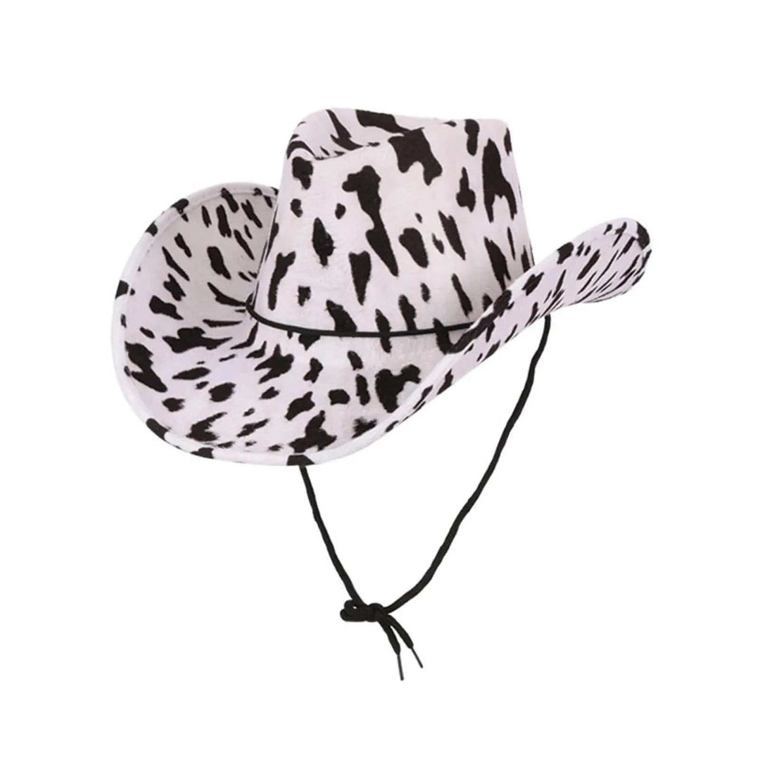 White and black cow printed cowboy hat with black cord for Wild West fancy dress costumes