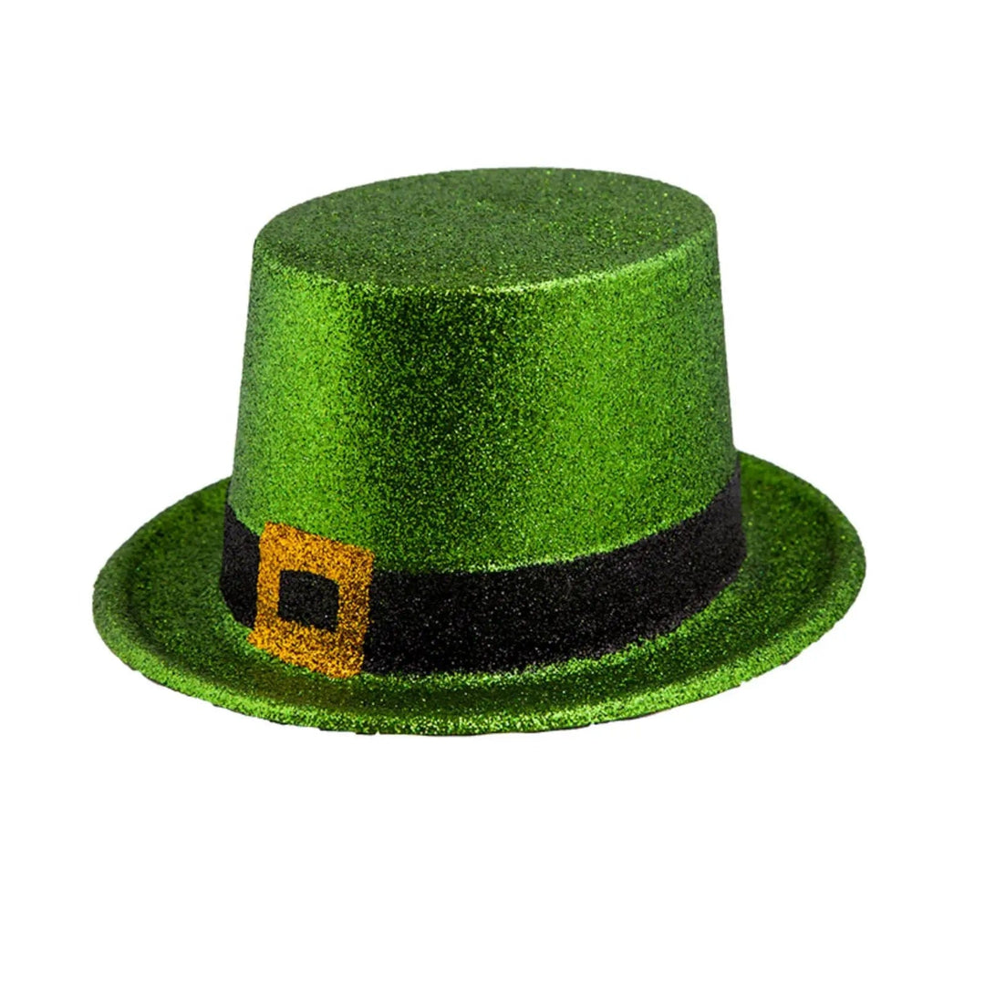 Bright green glittering top hat with black band and gold buckle for Patricks Day parties