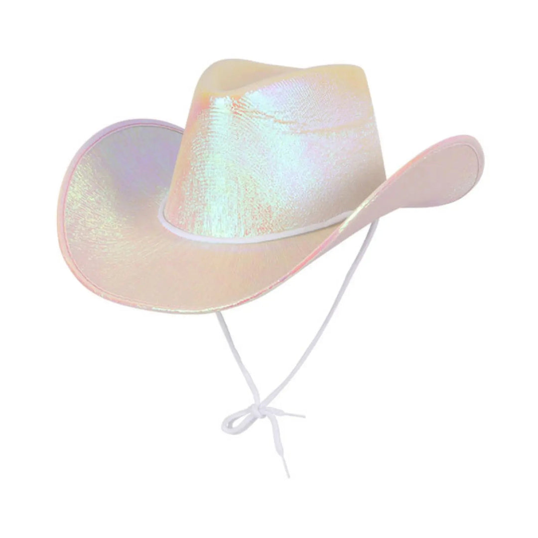 White iridescent cowgirl hat for cowboy theme fancy dress parites