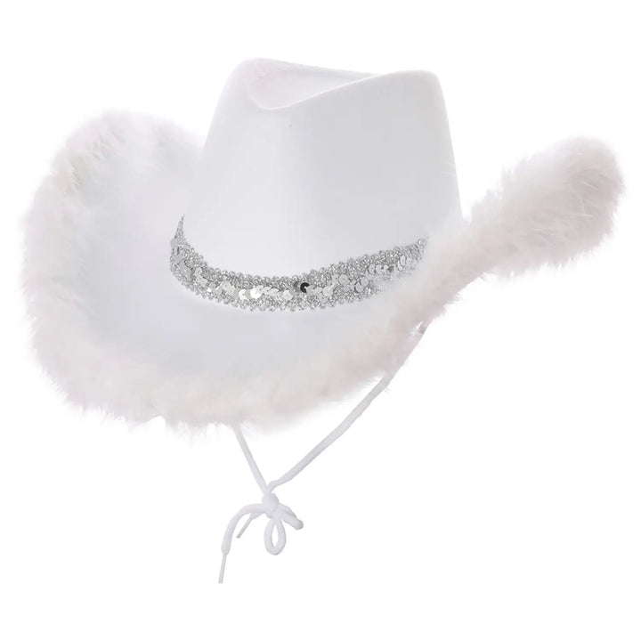 White cowgirl hat with feathers and sequins for fancy dress parties and hen nights