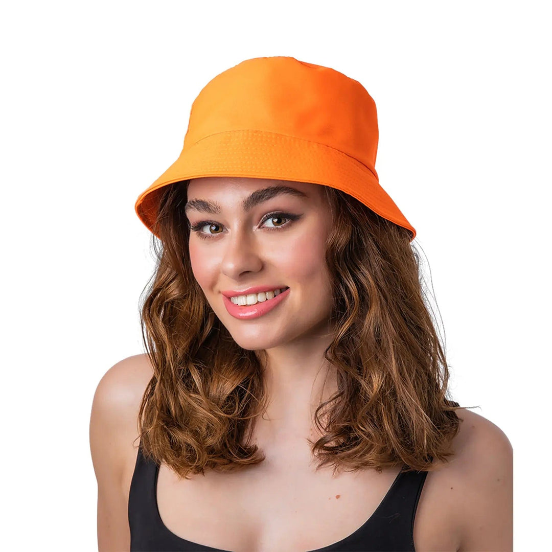 Lady wearing a bright neon orange retro bucket hat for 1980s theme fancy dress costumes