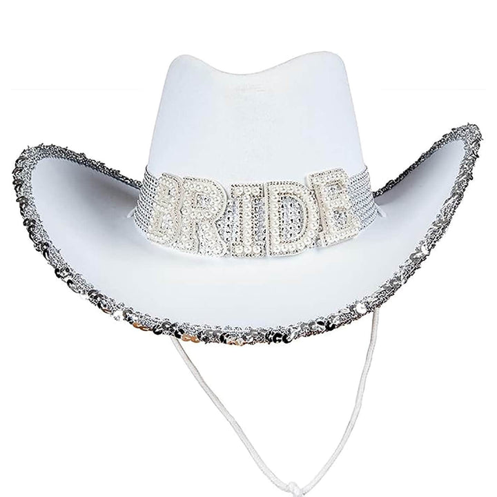 Texan Cowgirl Hat Bride White Pearls Sequins Hen Night Party