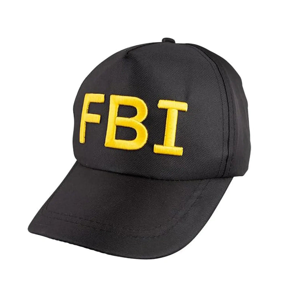 Black baseball cap with embroidered yellow FBI letters for fancy dress costumes