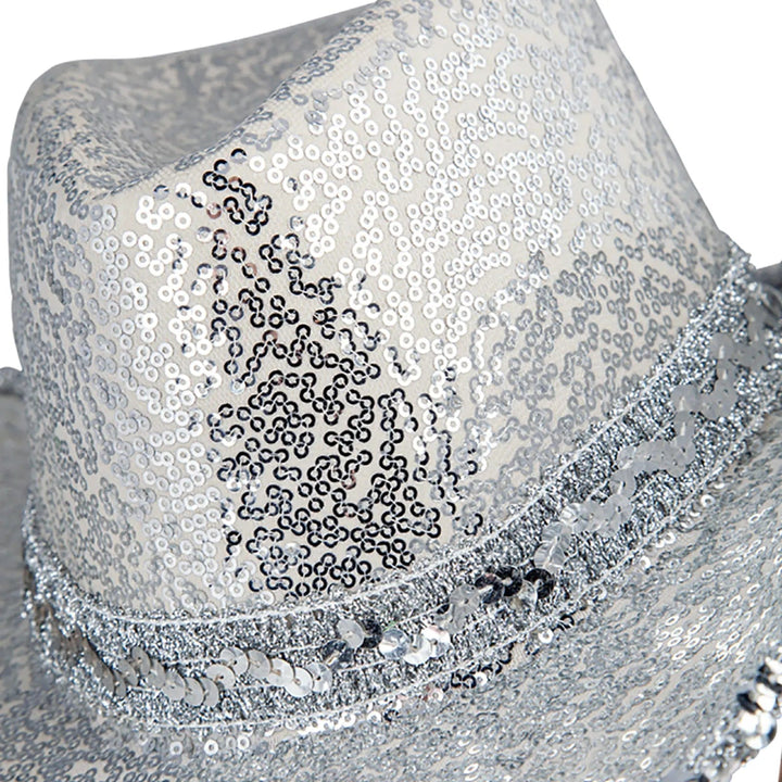 Close up detail of silver sequins on a cowgirl hat for fancy dress parties