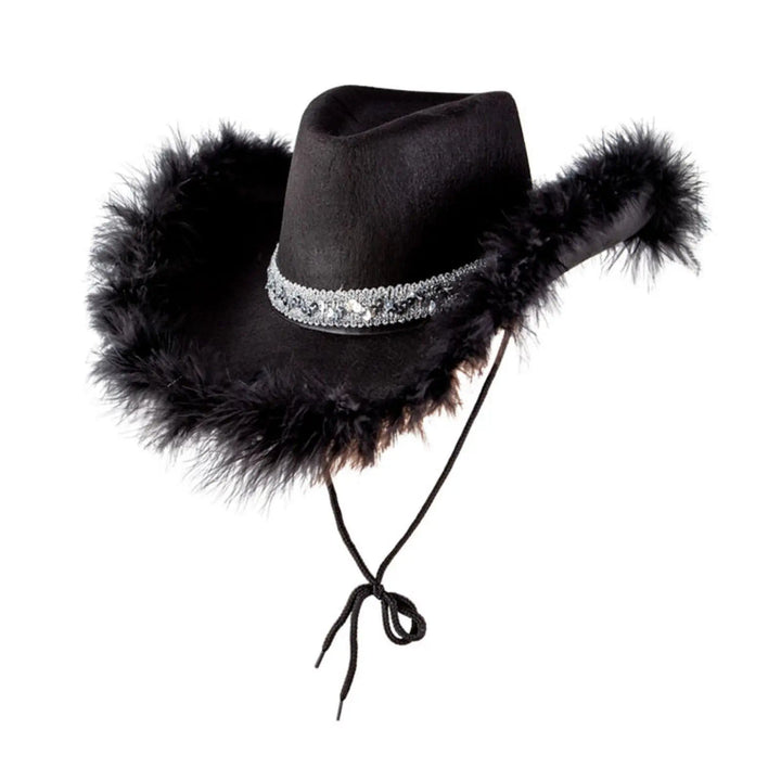 Black cowgirl hat with silver sequin hat band, black feather trim and chin cord to secure