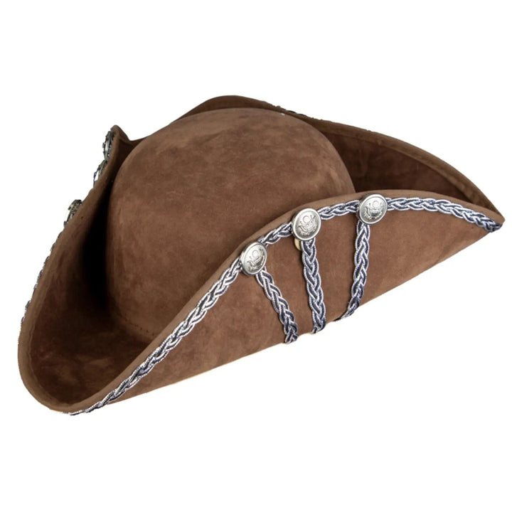 Brown tricorn pirate hat with silver buttons and braided trim