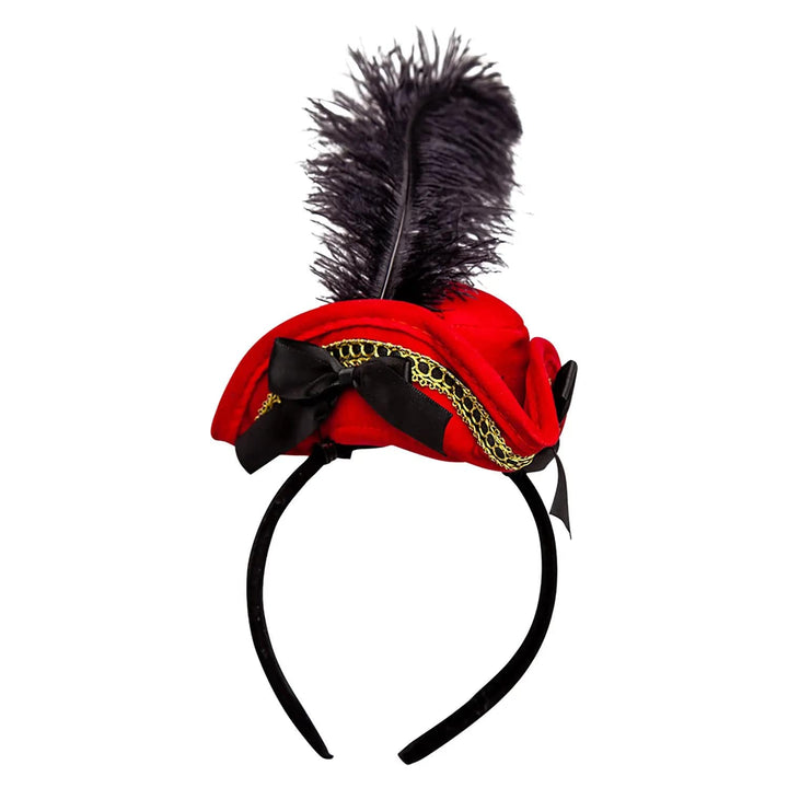 Mini pirate hat with red felt, black feather, gold braid on a black headband for fancy dress parties