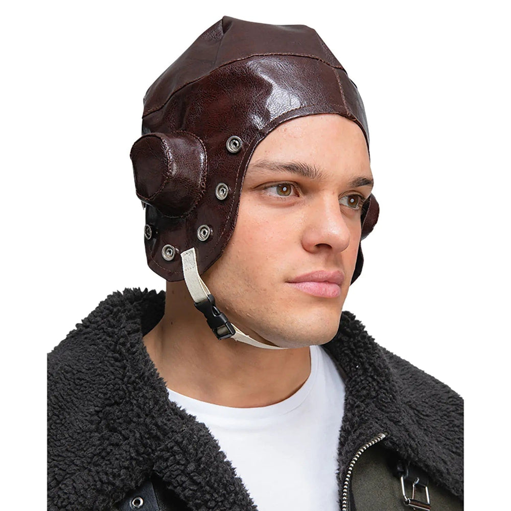 Side view of a WW2 pilot helmet in dark brown for fancy dress costumes