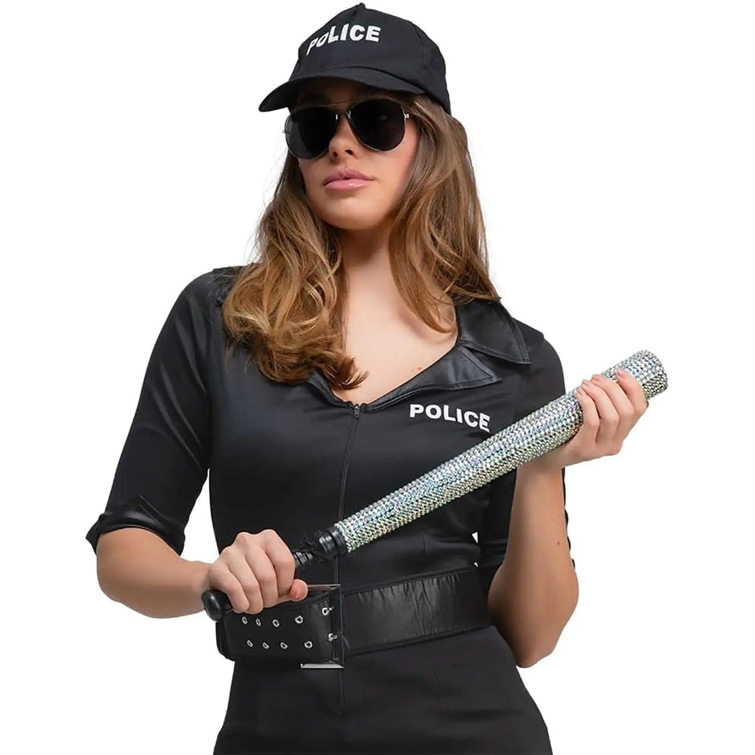 Lady dressed in police officer costume holding a diamante covered truncheon