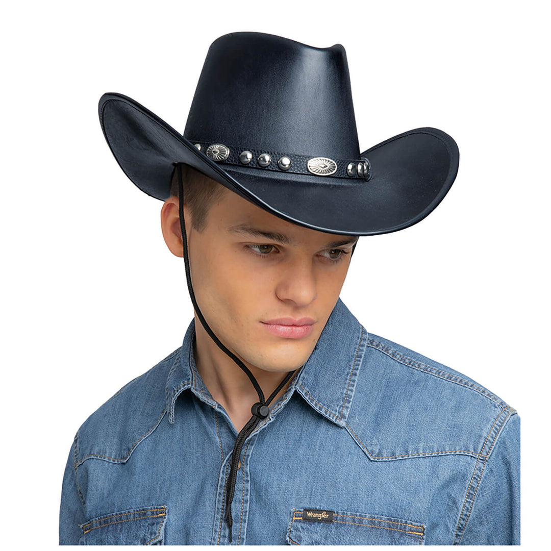 Man wearing a black cowboy hat with a silver studded hat band and neck toggle