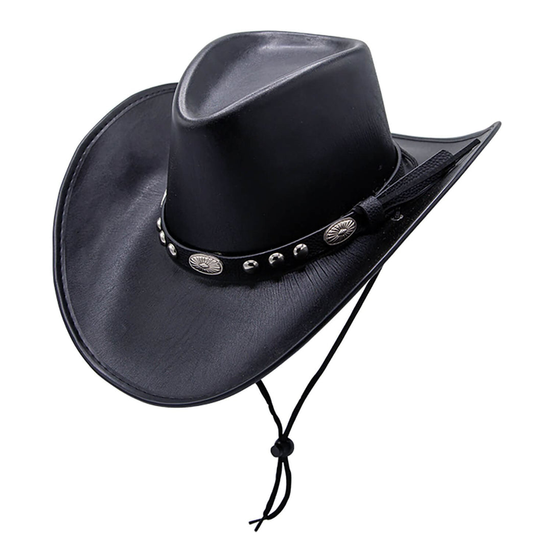 Black cowboy hat with decorative band on a white background
