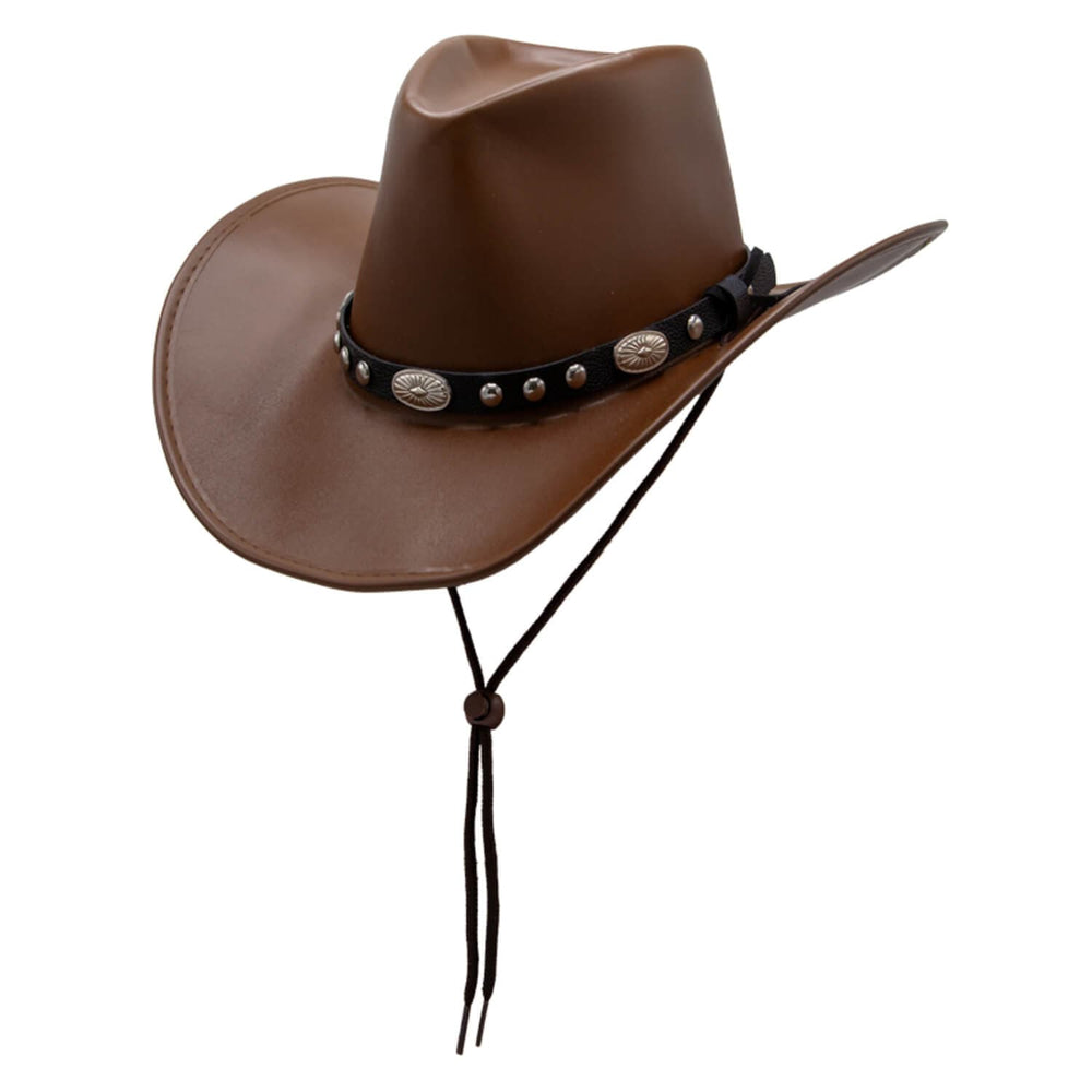 Brown cowboy hat with decorative band on a white background