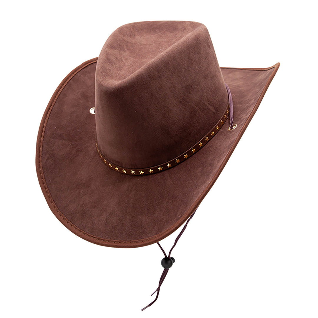 Brown cowboy hat with decorative star studded band on a white background