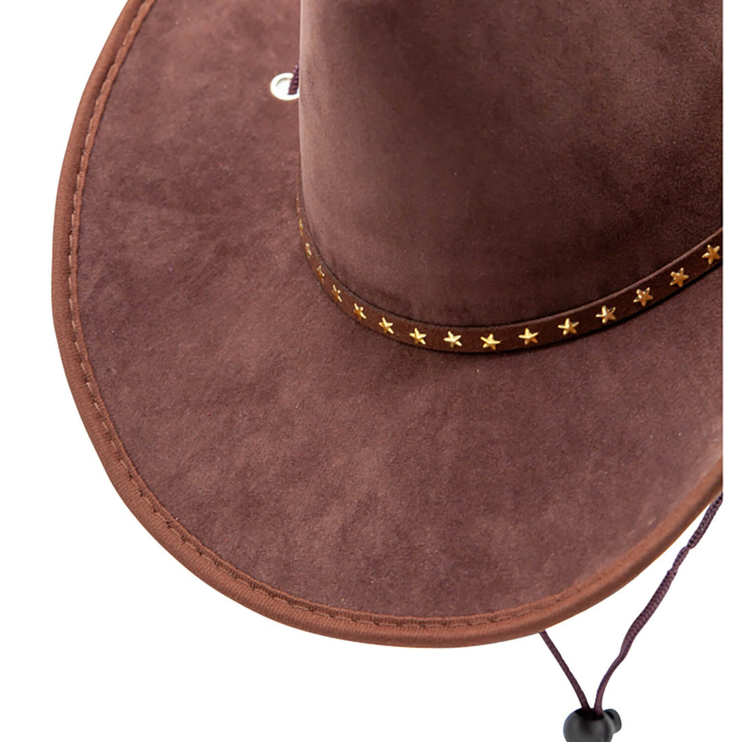 Close up of brown suede cowboy hat with star-studded band on a white background