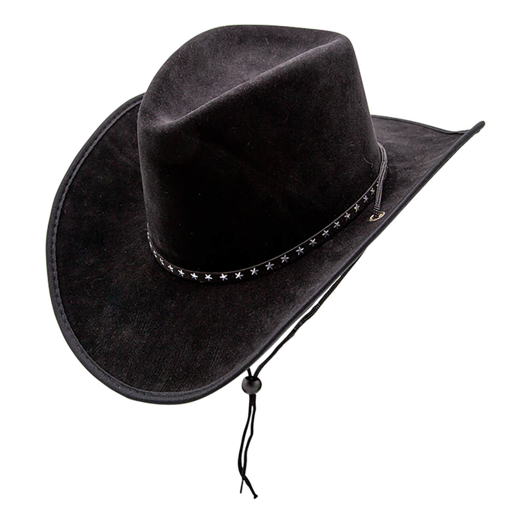 Black cowboy hat with star embellishments on a white background