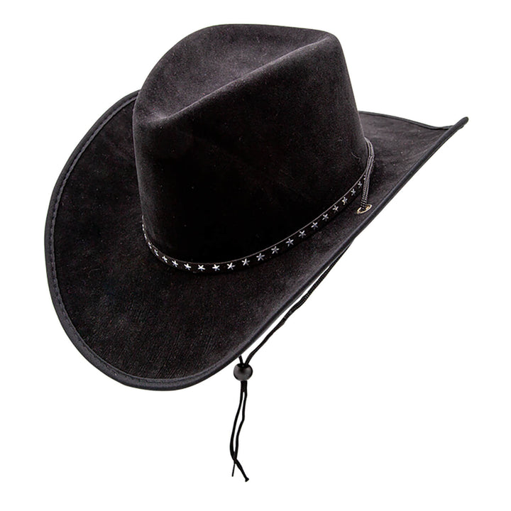 Black cowboy hat with star embellishments on a white background