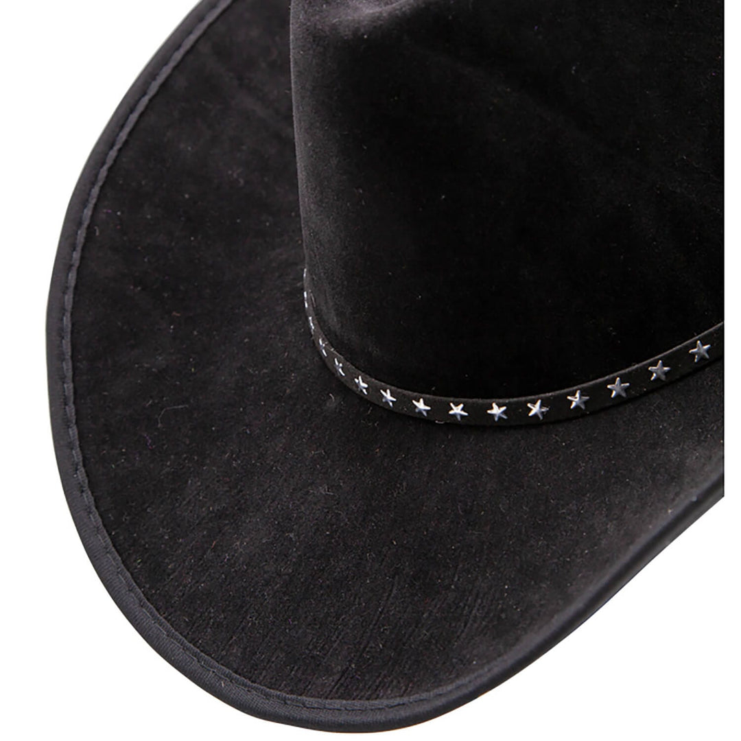 Close up of the star studded hat band on a black cowboy hat