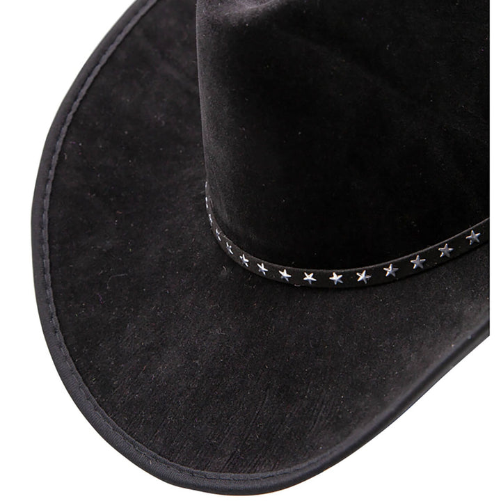 Close up of the star studded hat band on a black cowboy hat