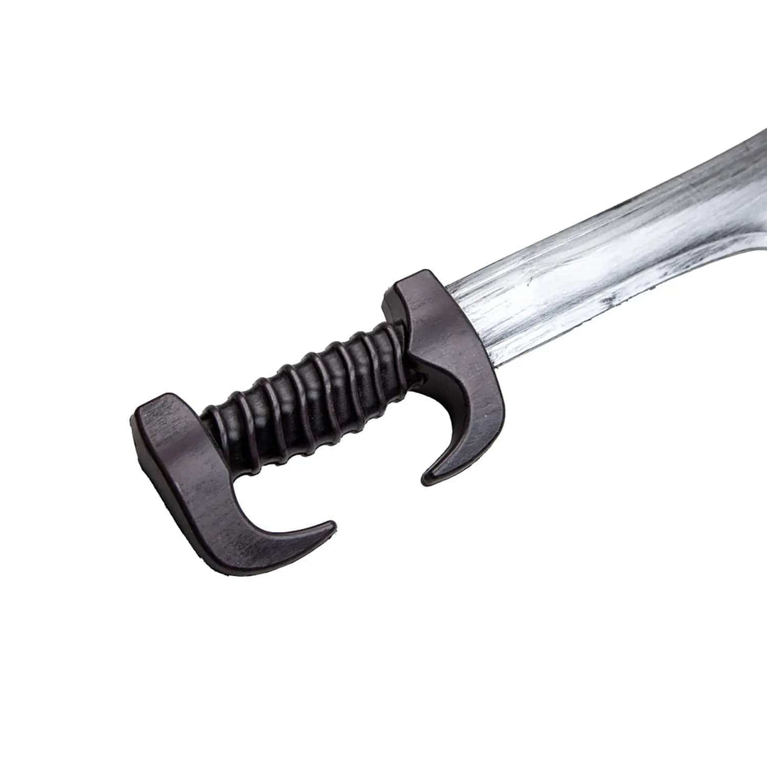 Close up of the black handle of a plastic sword for Spartan fancy dress costumes