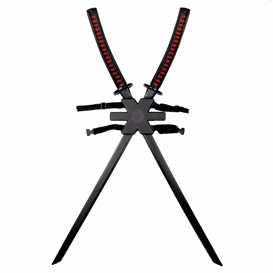 Ninja warrior backpack with 2 long Japanese Katana swords for fancy dress costumes