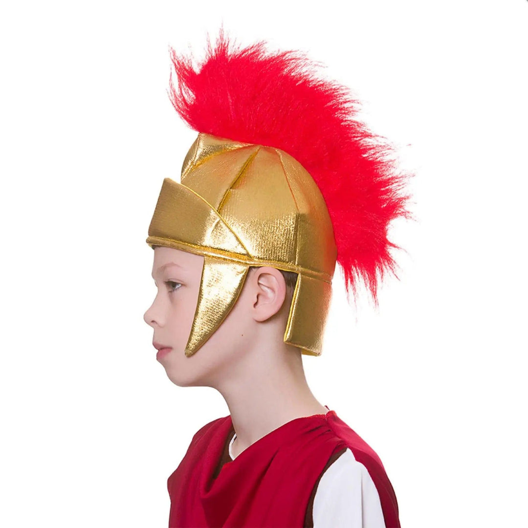 Side view of a boy wearing a gold colour roman soldier helmet with red feather crest for fancy dress parties