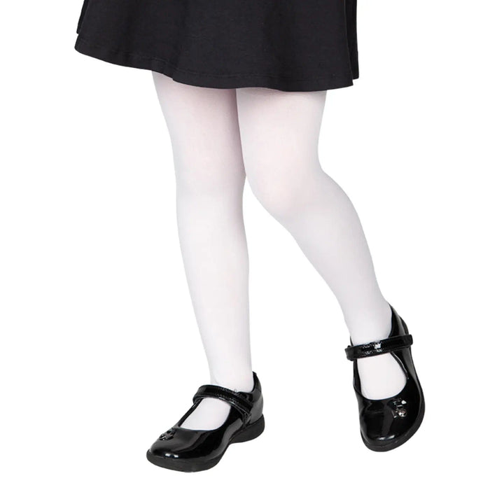 Child wearing white tights and black shiny shoes for Halloween and fancy dress costumes