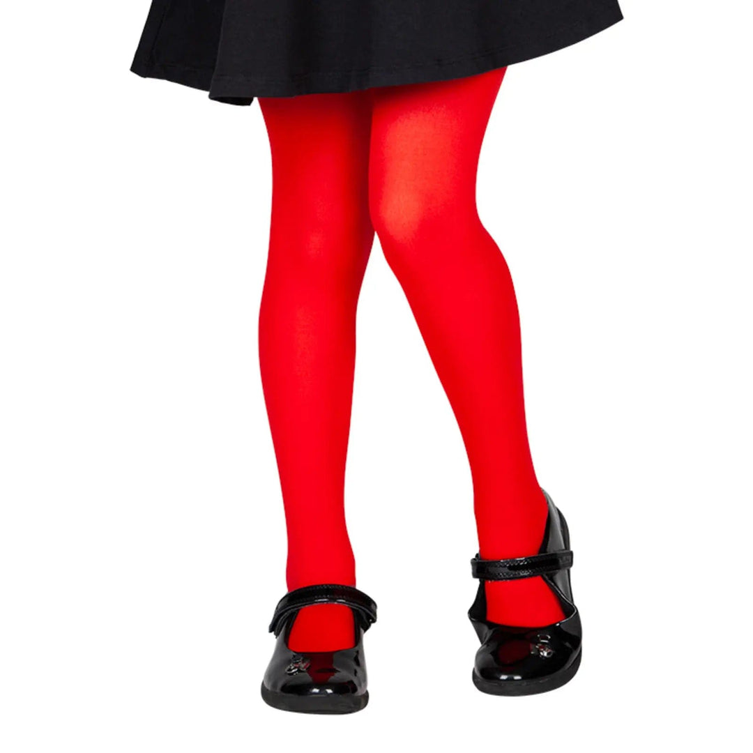 Child wearing bright red tights with shiny black shoes for Halloween fancy dress costumes