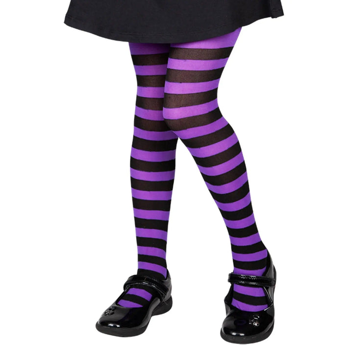 Child wearing black and purple candy striped tights for fancy dress costumes