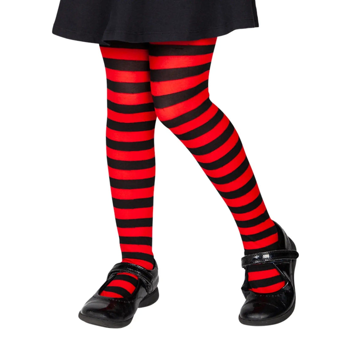 Child wearing black and red candy striped tights for fancy dress costumes