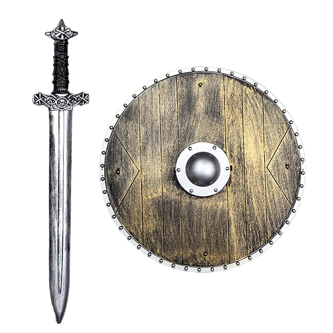 Plastic silver viking sword and wood effect shield for fancy dress costumes