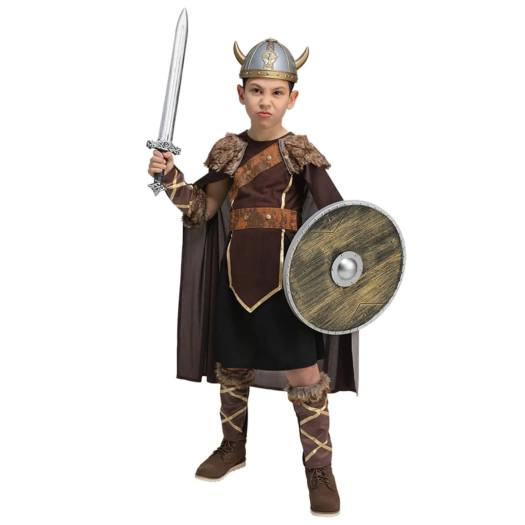 Boy dressed up as a Viking with helmet, sword and shield for historical fancy dress parties