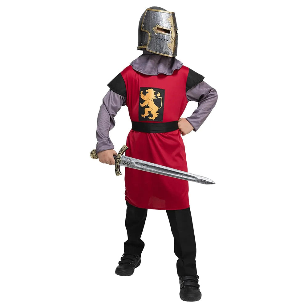 Child dressed up as a medieval knight with helmet and large plastic broadsword