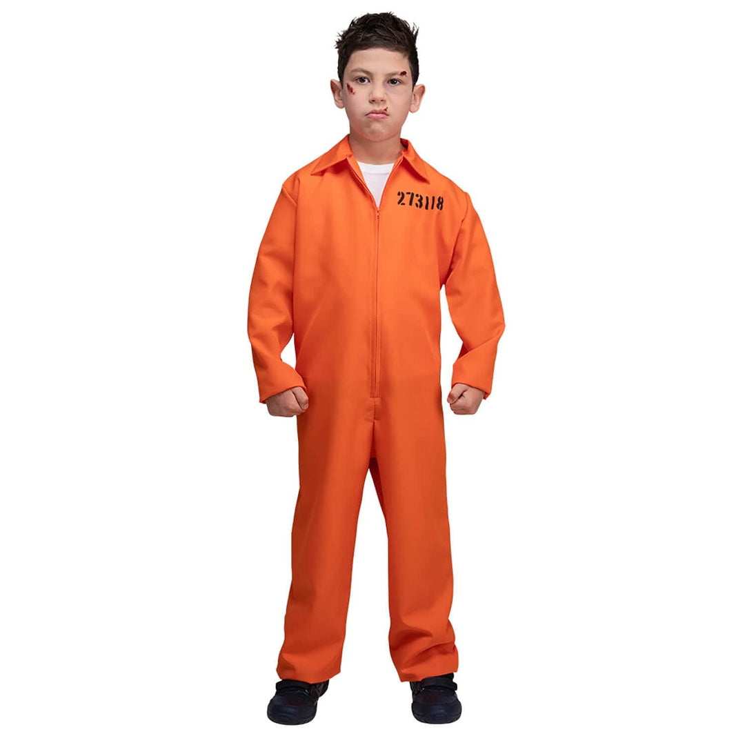 Boy wearing a bright orange convict jumpsuit for Halloween and trick or treat