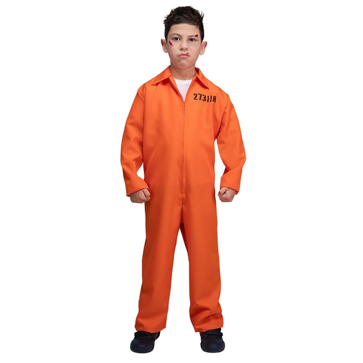 Boy wearing a bright orange convict jumpsuit for Halloween and trick or treat