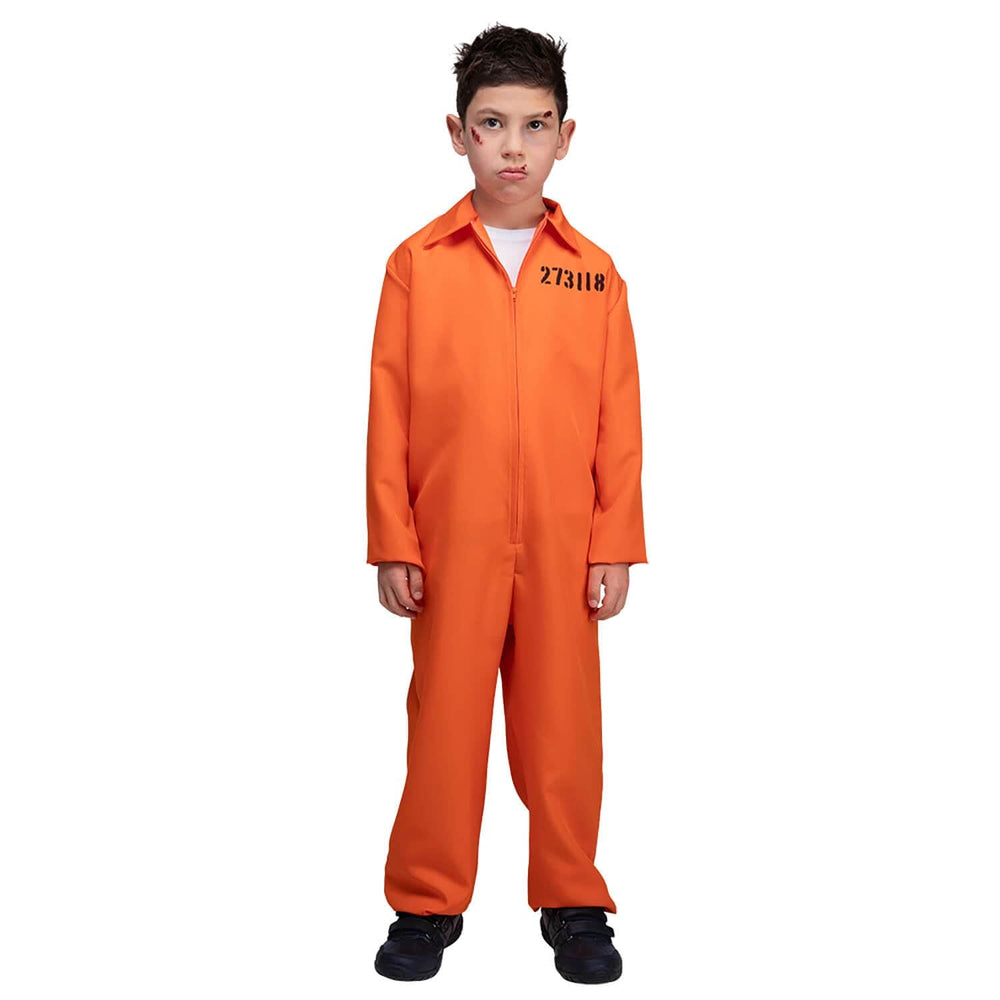 Child wearing an orange jumpsuit with a number on a white background