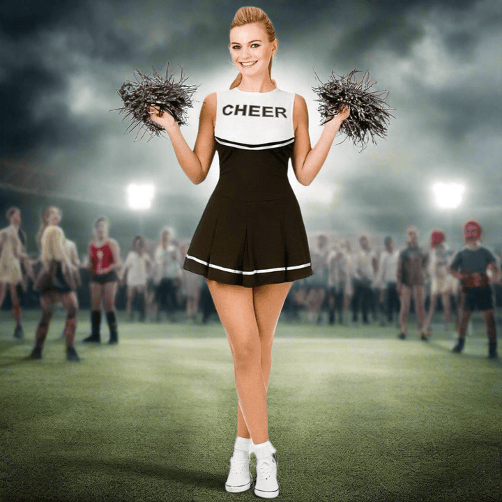 Womens Cheerleader Black/White Fancy Dress Halloween Costume