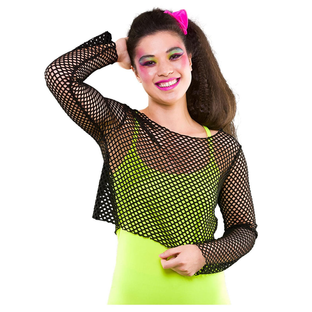 Lady wearing a black mesh cropped top with long sleeves for 80s fancy dress costumes