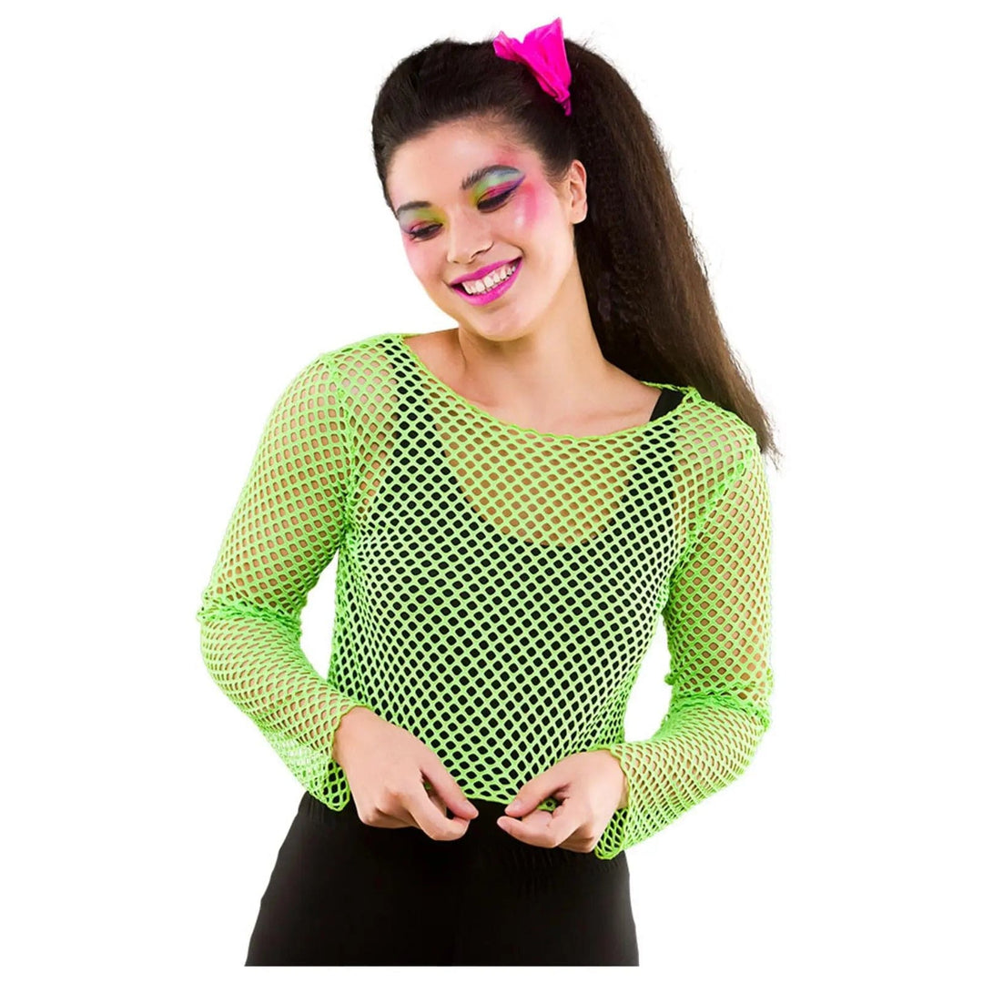 Young lady wearing a neon green mesh cropped top with long sleeves for 80s fancy dress costumes