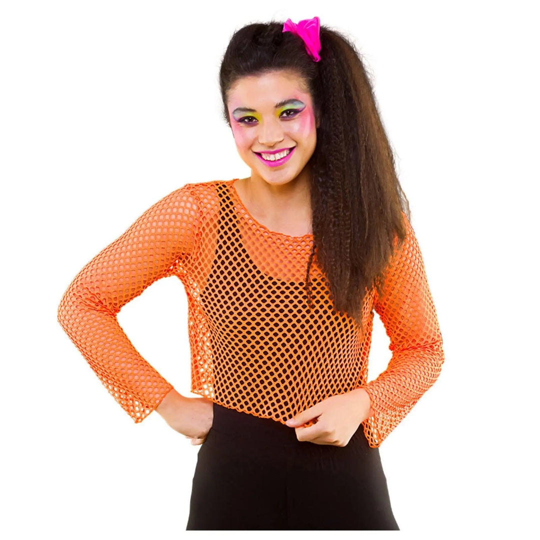 Young woman wearing a orange mesh cropped top with long sleeves for 80s fancy dress costumes