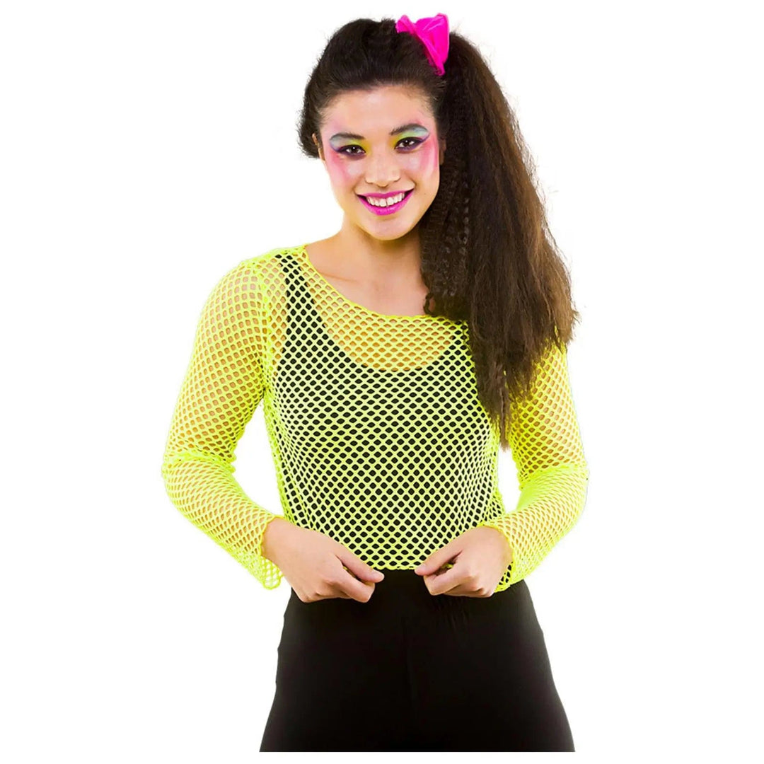 Lady wearing a neon yellow mesh cropped top with long sleeves for 80s fancy dress costumes