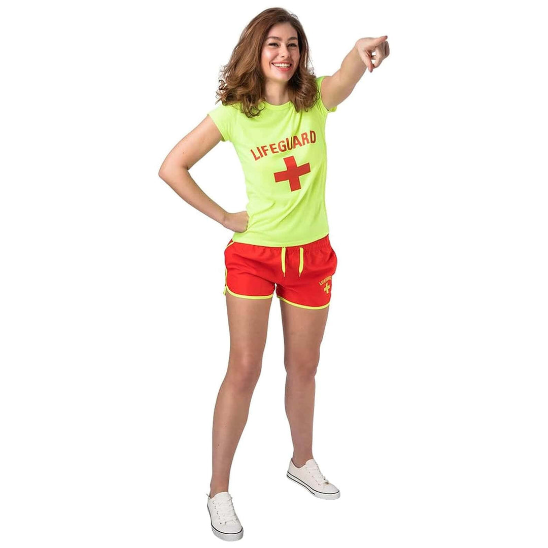 Womens Lifeguard Costume UV Glow Shorts T-Shirt Fancy Dress