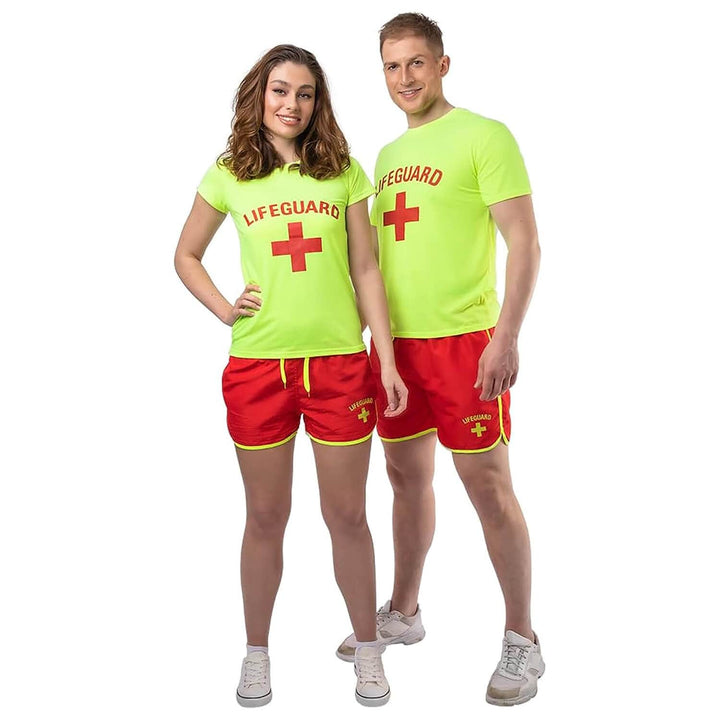 Womens Lifeguard Costume UV Glow Shorts T-Shirt Fancy Dress