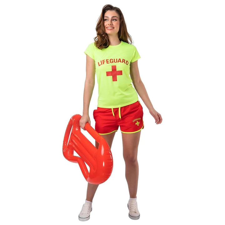 Womens Lifeguard Costume UV Glow Shorts T-Shirt Fancy Dress