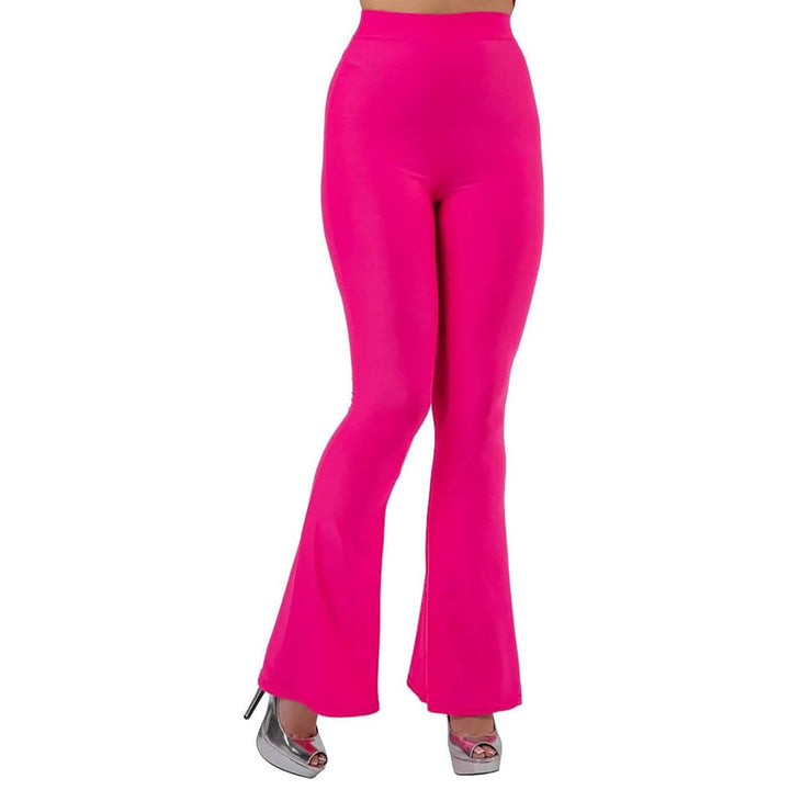 Womens Retro Flares 70s Bell Bottom Disco Trousers Fancy Dress Hot Pink / XS/S