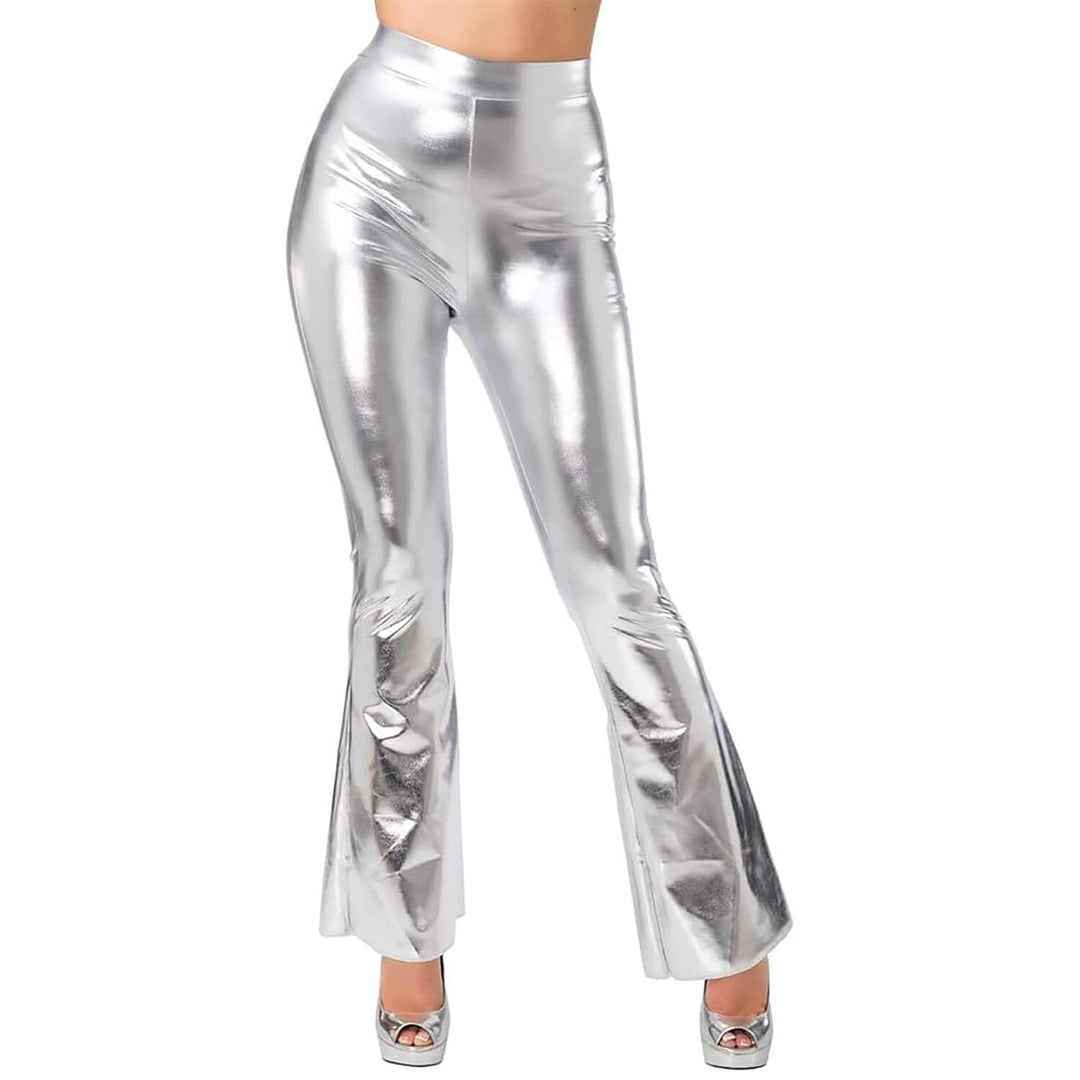 Womens Retro Flares Silver Disco Trousers 60s 70s Fancy Dress