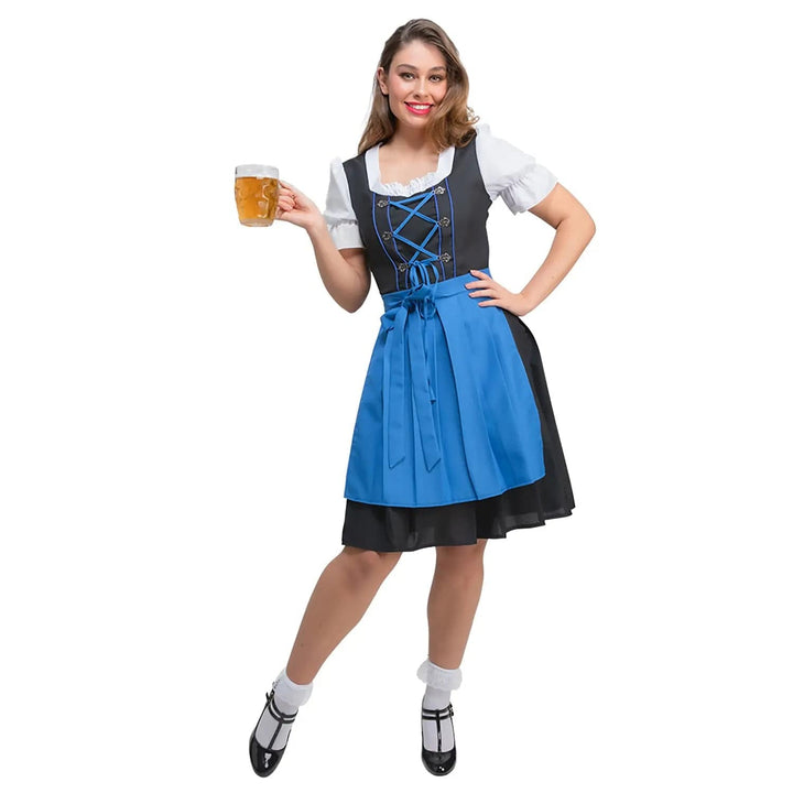 Women dressed in a traditional Bavarian beer server costume, holding a pint of beer