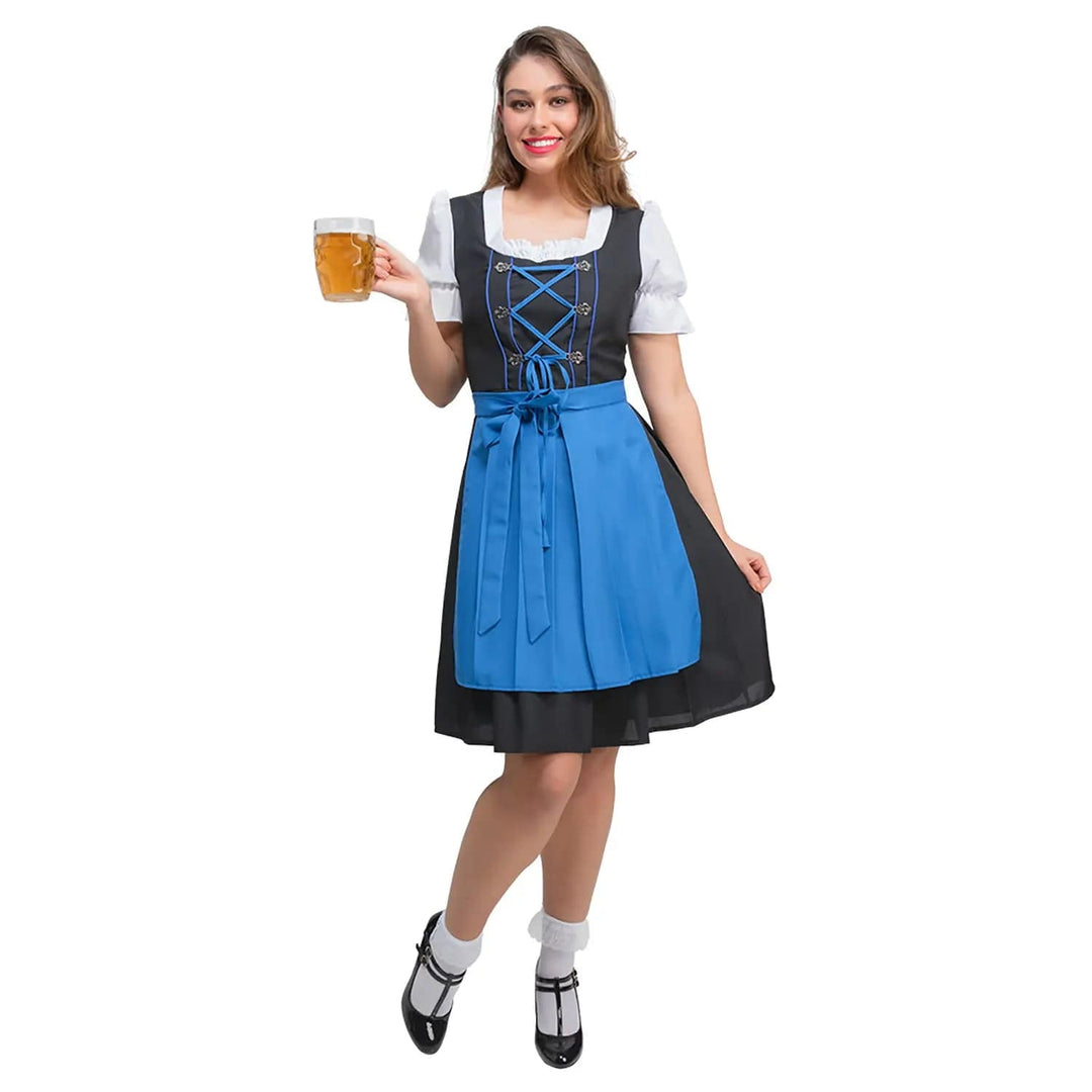 Woman dressed in a traditional Bavarian dirndle dress with blue apron